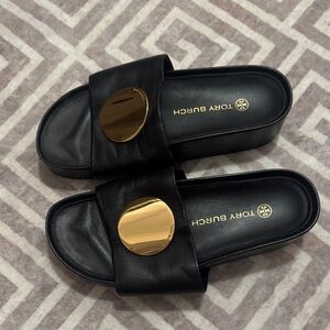 Tory Burch Black Sandals with Gold Accent